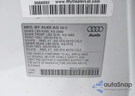2013 Audi Q7 3.0T Premium z USA, uszkodzony, nr VIN WA1LGAFE7DD005481
